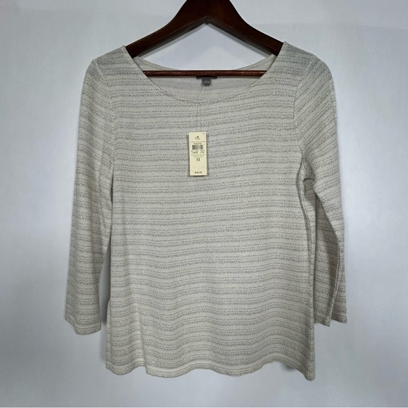 Ann Taylor Shimmery Cream Ribbed 3/4 Sleeve Blouse - Picture 3 of 14